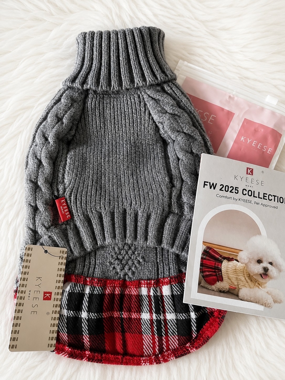 Gray Cable-Knit Turtleneck Dog Sweater with Red Plaid Hem